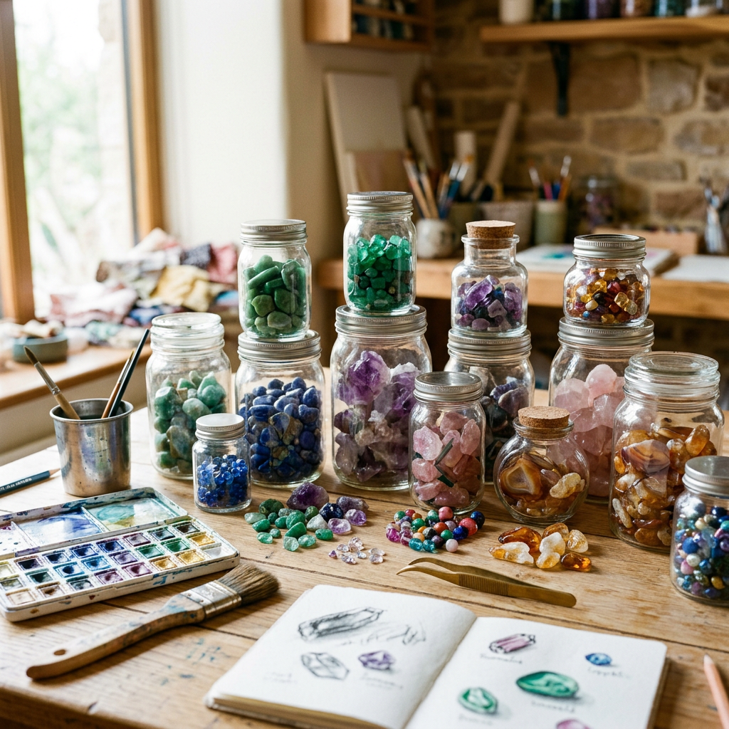 Arts-and-crafts scene with colorful gemstone jars